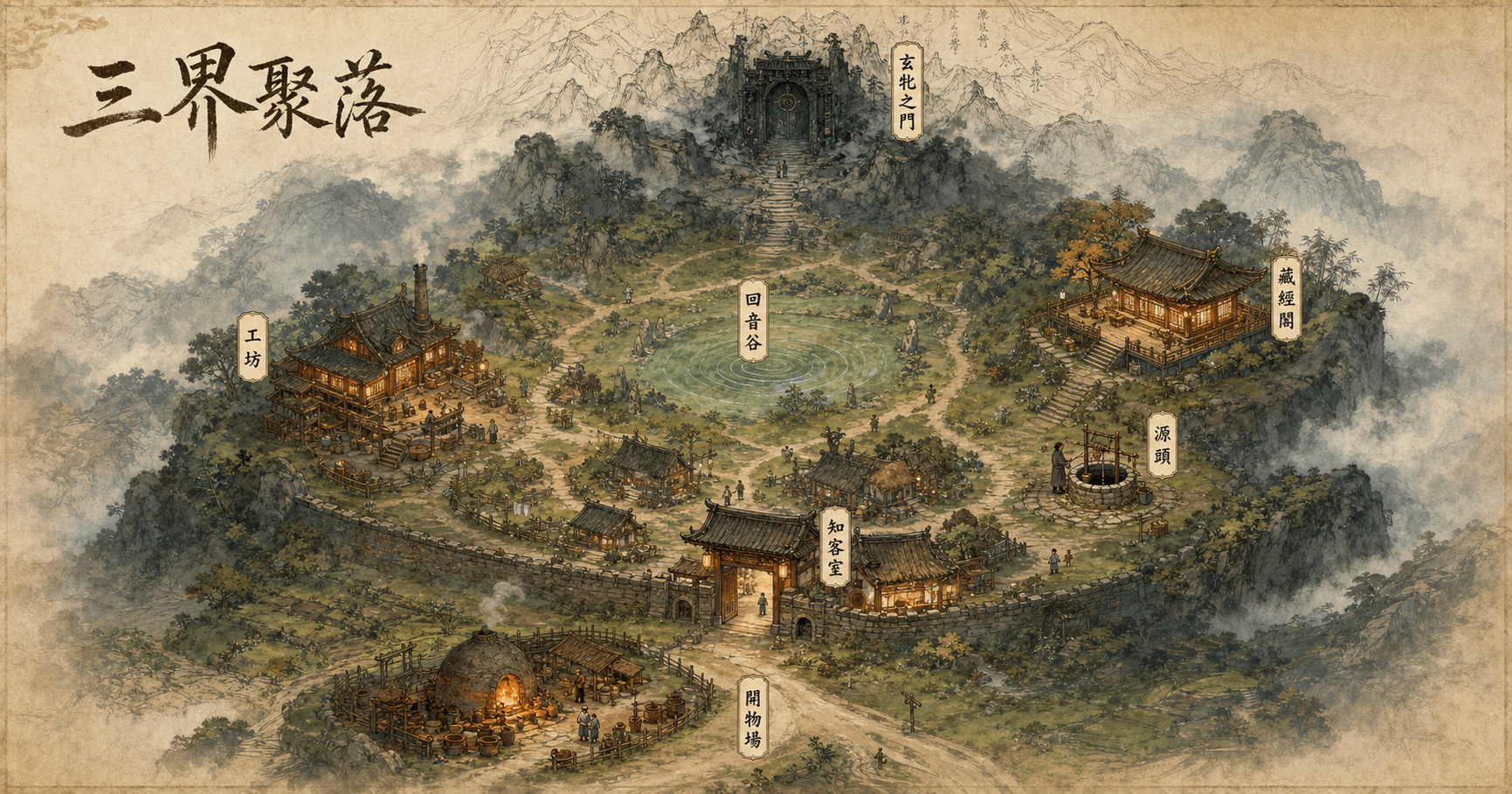 三界聚落手繪全圖：玄牝之門在北方山間，回音谷居中，工坊與藏經閣分列兩側，源頭、知客室與牆外開物場沿山路分布。